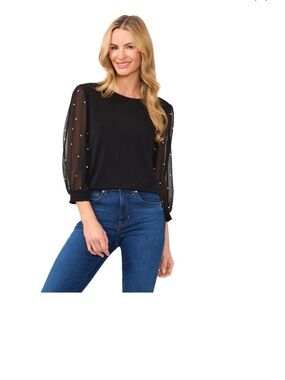 CeCe Women's Mixed Media Imitation-Pearl-Stud Top